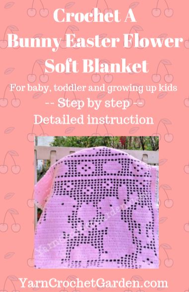 Easter bunny with flower filet crochet blanket pattern PDF cover – spring baby shower gift digital download