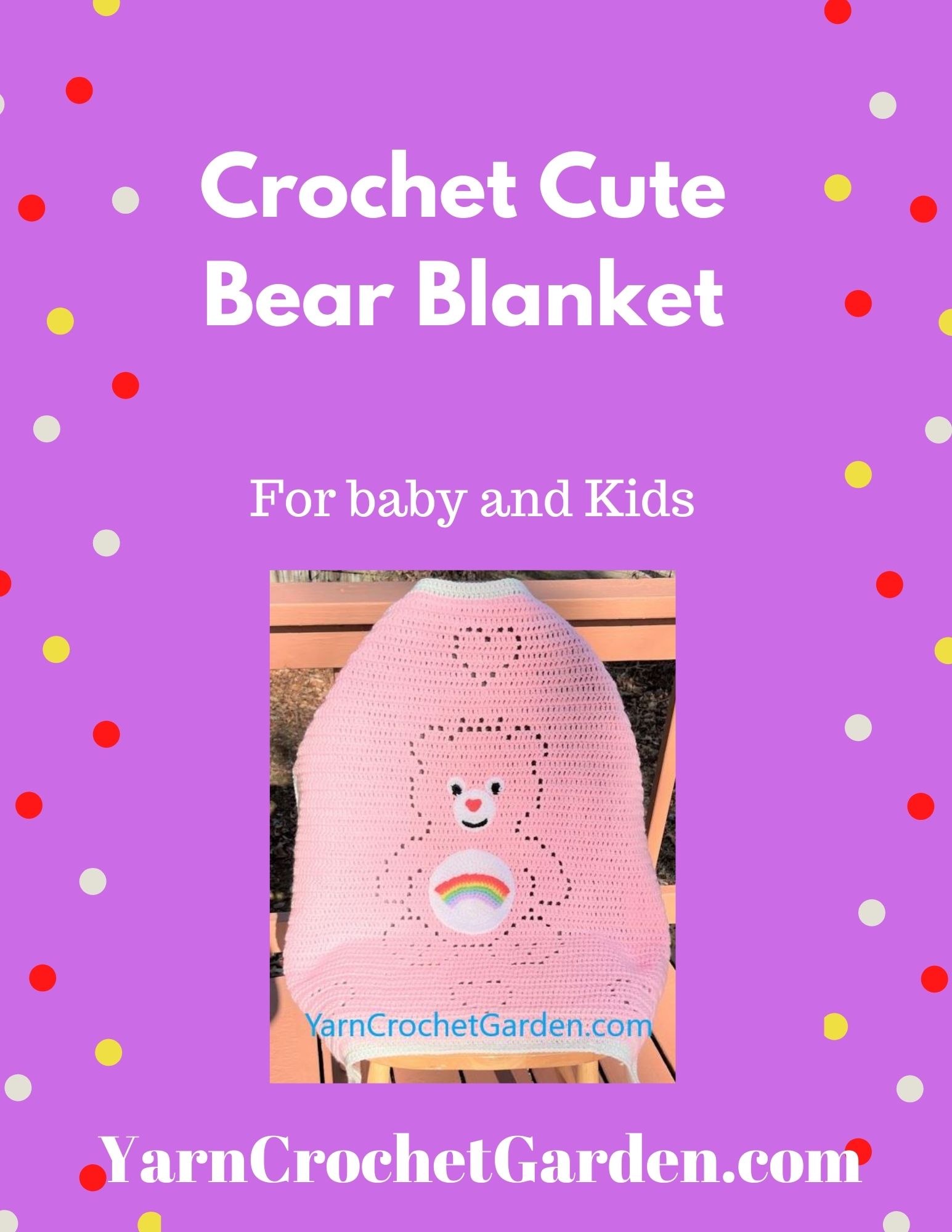 Pink bear filet crochet baby blanket with rainbow tummy badge and hearts – finished blanket sample