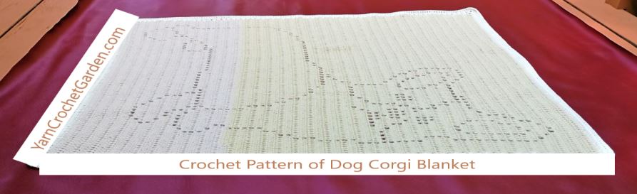 Full width view of corgi filet crochet blanket pattern sized from baby to adult