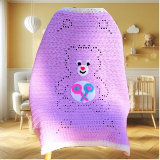 Cute bear filet crochet blanket pattern showing a cartoon-style bear with a sharing lollipop tummy badge — beginner-friendly PDF for baby, kids and adult sizes