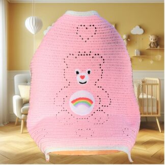 Pink bear filet crochet baby blanket with rainbow tummy badge and hearts – finished blanket sample