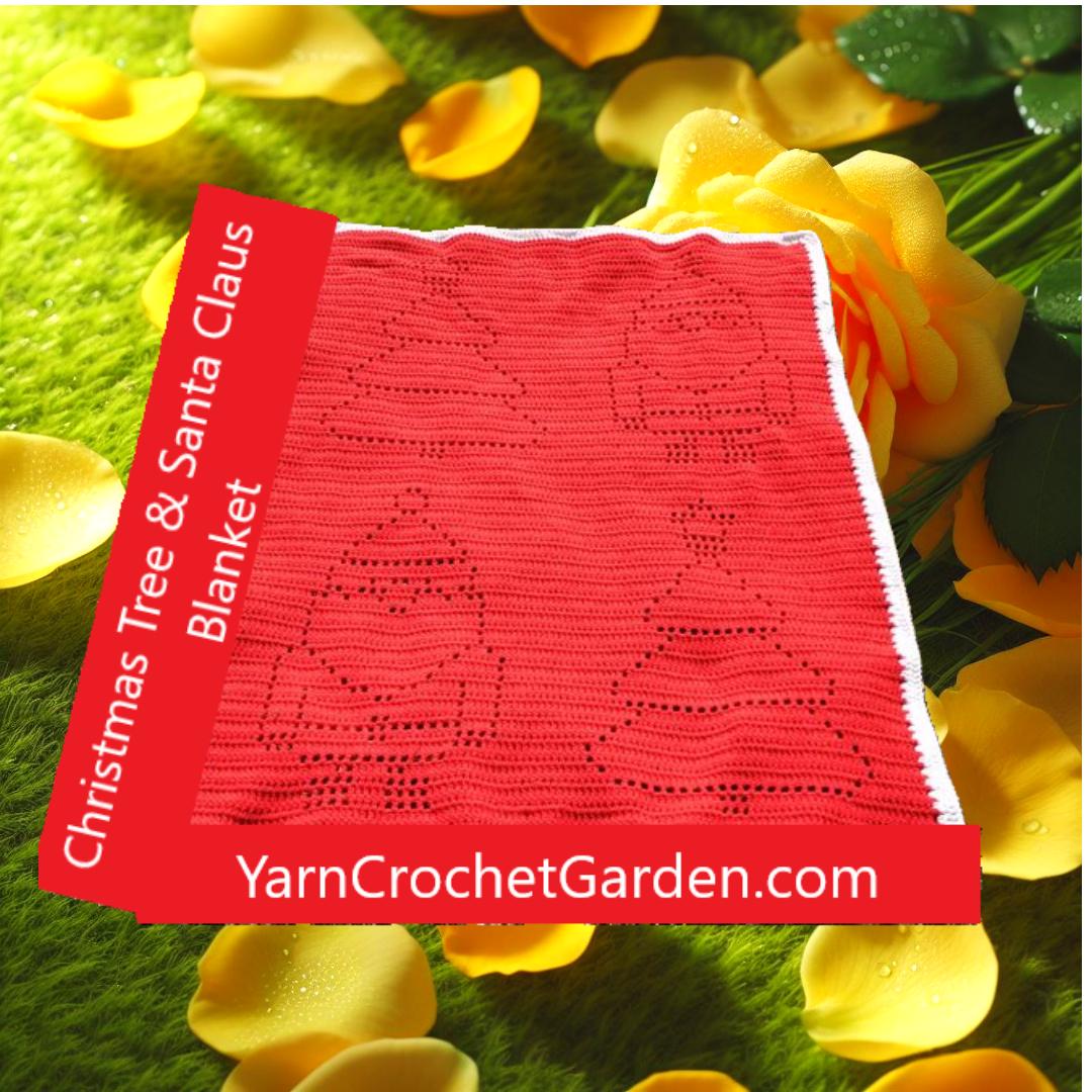 Finished handmade Christmas filet crochet blanket featuring Santa Claus and tree motifs on a neutral background
