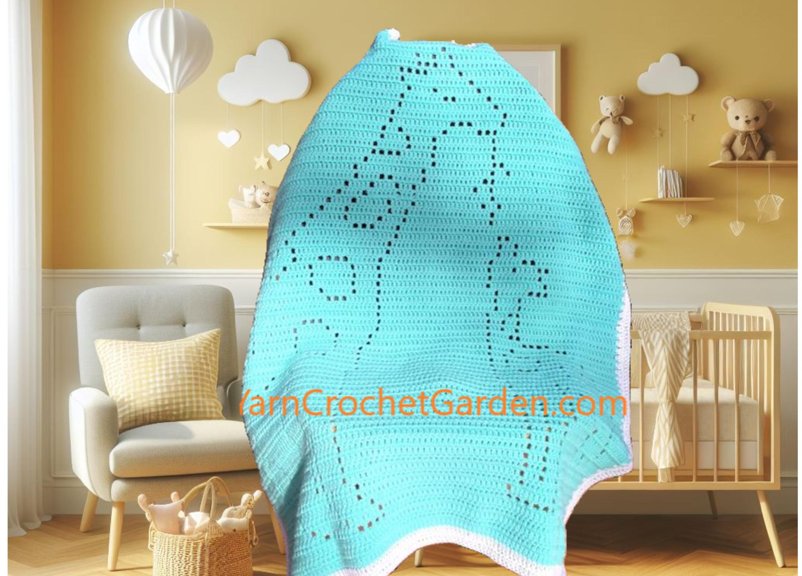Handmade crochet giraffe baby blanket featuring a safari theme for a jungle nursery