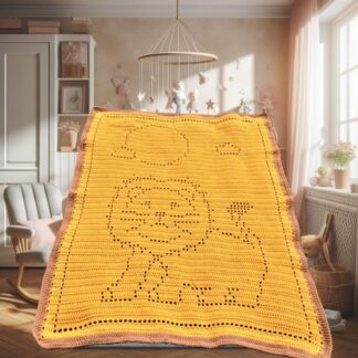 A handmade crochet lion blanket with a safari theme, featuring a lion design in soft yarn, perfect for all ages.