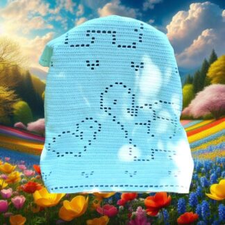 Handmade sea turtle filet crochet blanket in soft yarn, made using a beginner-friendly turtle crochet blanket pattern PDF from Yarn Crochet Garden.