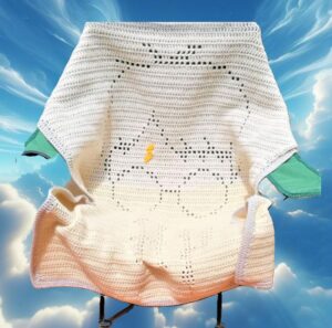 Cozy Harry Potter baby blanket with "H P" letters and Harry’s head, crocheted using a beginner-friendly filet crochet pattern.