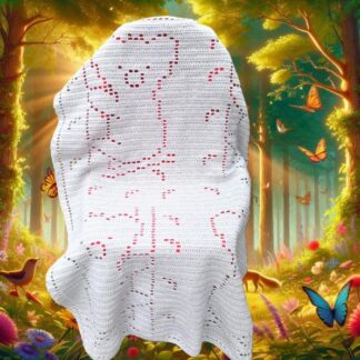 Cozy koala bear filet crochet blanket pattern for baby, toddler, or adult, featuring trees and leaves, crafted with Bernat baby blanket yarn.