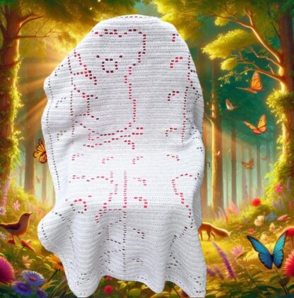 Cozy koala bear filet crochet blanket pattern for baby, toddler, or adult, featuring trees and leaves, crafted with Bernat baby blanket yarn.