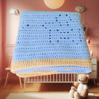 Cozy crochet baby blanket with Smile Stars filet crochet pattern, adjustable size for babies, kids, and adults.