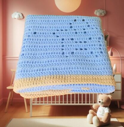 Cozy crochet baby blanket with Smile Stars filet crochet pattern, adjustable size for babies, kids, and adults.
