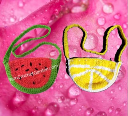 Crochet lemon and watermelon purse patterns with free Halloween blanket pattern, featuring photo tutorials and Red Heart medium yarn.