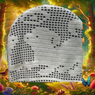 Finished handmade crochet blanket with white dog paw print design on a dark background