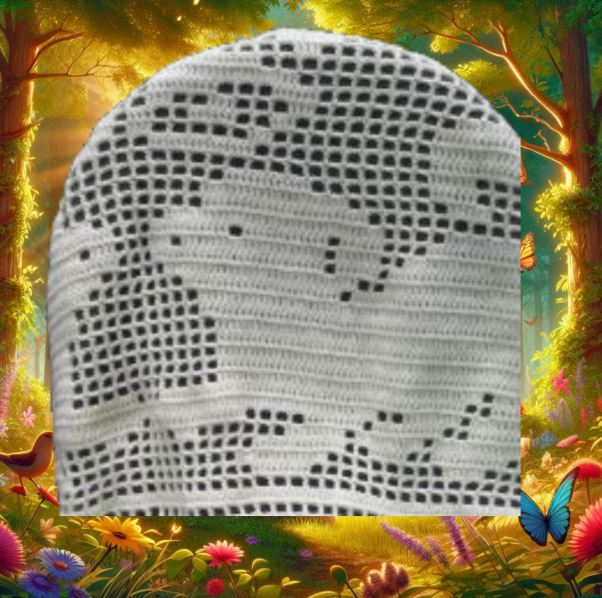 Finished handmade crochet blanket with white dog paw print design on a dark background