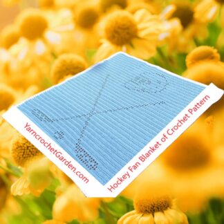 Crochet hockey blanket pattern featuring hockey sticks, puck, and goaltender mask, ideal for NHL fans and all ages.