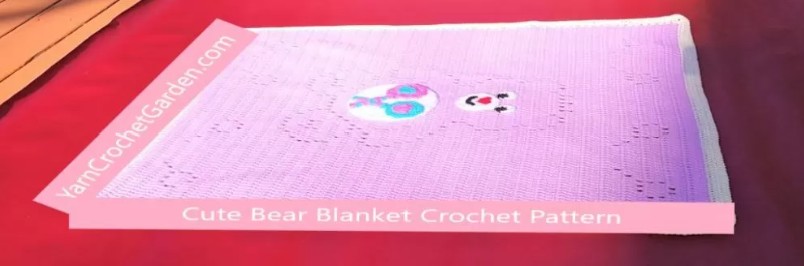 Close-up stitch photo guide for filet crochet bear blanket pattern showing hook and yarn positions for beginners