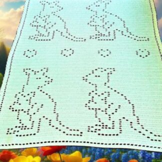 Handmade baby blanket featuring a kangaroo and heart filet crochet design in soft nursery yarn.