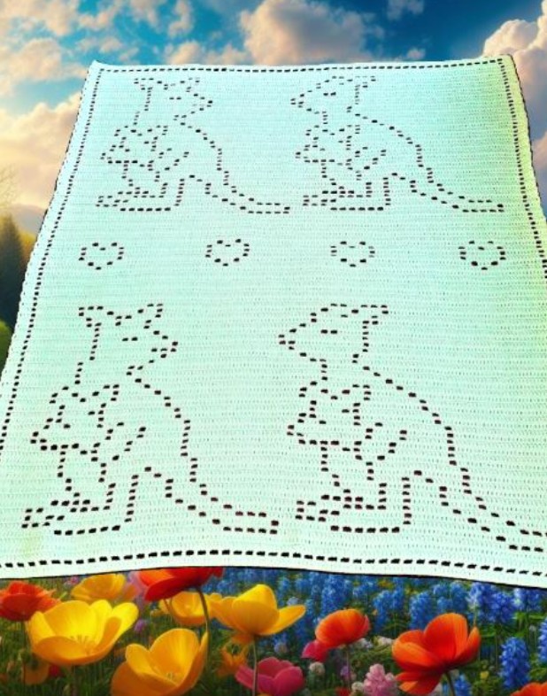 Handmade baby blanket featuring a kangaroo and heart filet crochet design in soft nursery yarn.