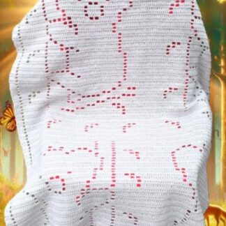 A cozy handmade koala bear filet crochet blanket featuring forest motifs, suitable for babies or toddlers, crafted with soft baby blanket yarn.