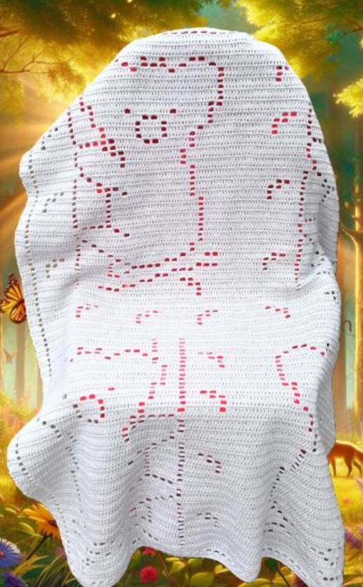 A cozy handmade koala bear filet crochet blanket featuring forest motifs, suitable for babies or toddlers, crafted with soft baby blanket yarn.
