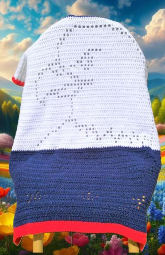 Red, white, and blue filet crochet eagle blanket with star motifs, a beginner-friendly handmade patriotic throw pattern for all ages.